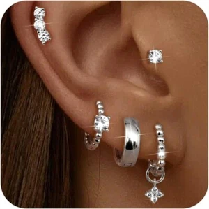 Small Hoop Studs Earrings Trendy 925 Silver Cartilage Stacks Hypoallergenic Sets - Picture 1 of 6