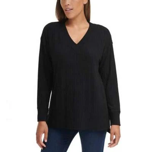NWT Andrew Marc Women’s Ribbed V-Neck Top Black Size L - Picture 1 of 4