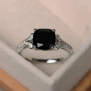 3Ct Black Cushion & White Round Simulated Diamond Ring Solid 925 Sterling Silver - Picture 1 of 3