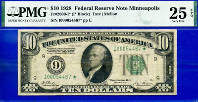1928 $10 Federal Reserve Note PMG 25EPQ only 16 know Minneapolis star Fr 2000-I* - Image 1 of 3