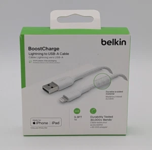 Belkin Boost Charge Lightning to USB-A Cable 3.3 ft Braided White MFi-Certified - Photo 1 sur 4