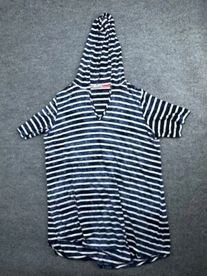 C&C California Dress Women's 1X Blue White Striped Hooded Swim Cover V Neck - Image 1 of 4