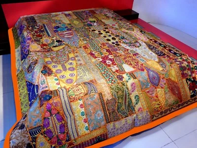 Colcha de retazos vintage bordada a mano cubierta de cama cortina colgante de pared Foto 1 de 4