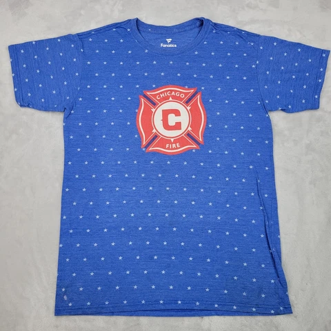 Chicago Fire Shirt Men Large Blue Short Sleeve Crew Team Allover Stars AOP Adult Cover