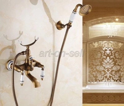 Antique Brass Bathroom Clawfoot Bath Tub Tap Faucet & Handheld Shower Sprayer - Image 1 of 4