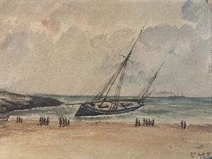 Très Belle Peinture XIXe Bateau Échoué Plage Mer Océan Ancien Art À Identifier - Photo 1/9