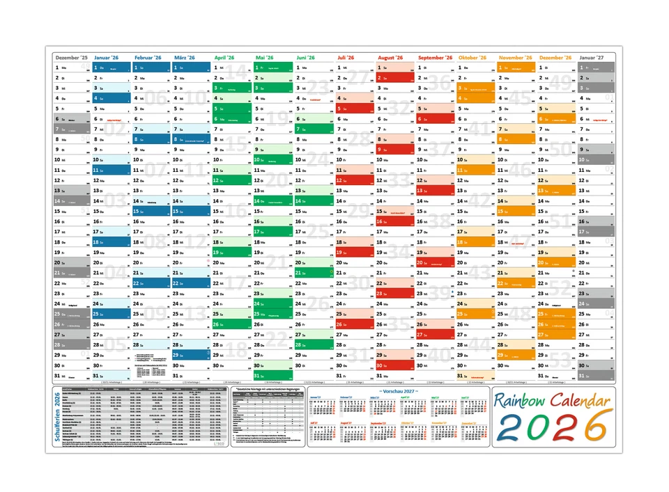 LYSCO® Rainbow Wandkalender DIN A1 2026 gefaltet Wandplaner (594x841mm)