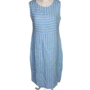 Neu mit Etikett Vanessa Zani 100 % Leinen gestreiftes Midikleid hellblau Größe Large - Bild 1 von 6
