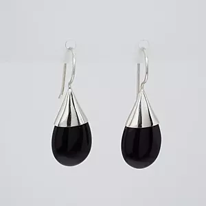 Black Agate Hook Earrings 925 Sterling Silver 34mm x 12mm Short Teardrop Dangle - Picture 1 of 8