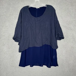 Umgee Navy Blue Oversized Tunic Top M Layered Linen Blend Boho Boxy Fit - Picture 1 of 8
