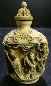 Antique Oriental Themed Scene Carved Snuff Bottle 2.63" x 1.63" x 1" Very Good  - Picture 1 of 8