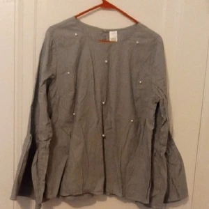 Womans Blouse Blue Striped Bell Sleeves Pearl Design Size L - Picture 1 of 4