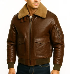 Men’s Shearling Collar Bomber Jacket Genuine Leather Aviator Flying Pilot Coat - Picture 1 of 6