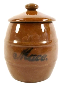Tarro de especias maza porcelana marrón forma barril pequeño vintage (O) COMO ESTÁ - Imagen 1 de 9