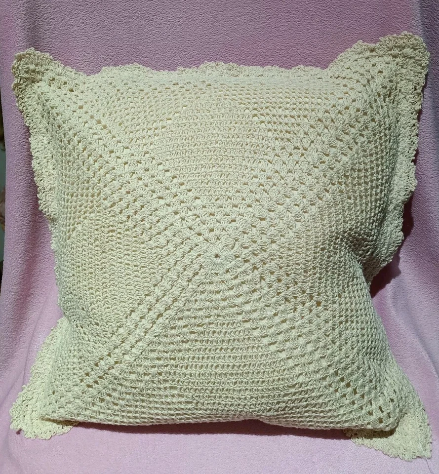 Hand made Crochet Beige Cotton Cushion Cover 16" x 16" Cottage Core Shabby Chic - Image 1 of 4