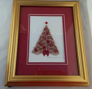 Bastelkunst Weihnachtsbaum gerahmtes Bild Spitze Rosen Strass Goldrahmen signiert - Bild 1 von 7