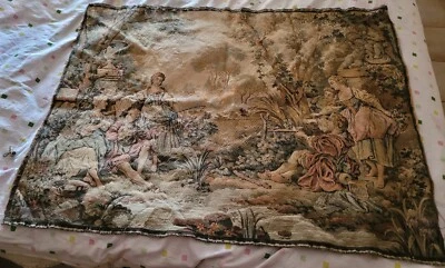 ANCIENNE TAPISSERIE DU XIX SCENE GALANTE A LA PÊCHE, ENTOURAGE A RESTAURER - Photo 1/4