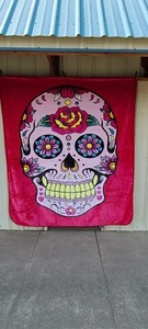 SUGAR SKULL DAY OF THE DEAD PINK QUEEN SIZE BLANKET BEDSPREAD - Picture 1 of 2
