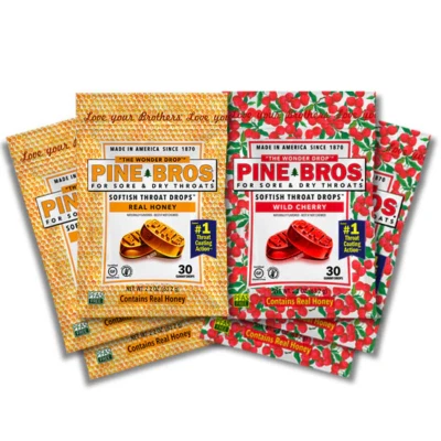 Gotas para dolor de garganta Pine Bros., 30 unidades, 24 bolsas, (12 sabor cereza + 12 sabor miel) Foto 1 de 3