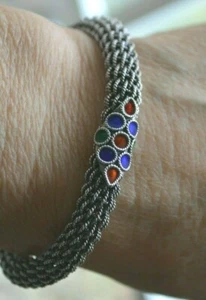 Vintage'80's .925 Sterling Mesh Bracelet / Enamel Center & End Caps Bracelet - Picture 1 of 5