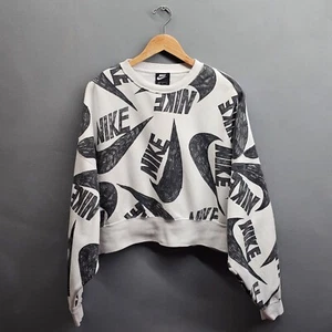 Nike Sweatshirt Womens Large White All Over Print Oversized Cropped Pullover - Picture 1 of 11