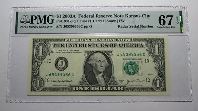 $1 2003 Radar Serial Number Federal Reserve Currency Bank Note Bill PMG UNC67EPQ - Image 1 of 3