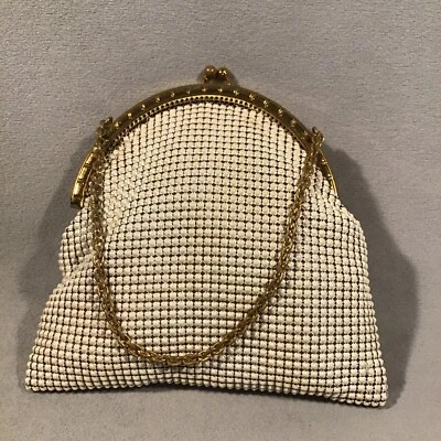 PV07003 Vintage White Metal Mesh Gold Kiss Lock WHITING DAVIS Wristlet Small Bag - Image 1 of 4