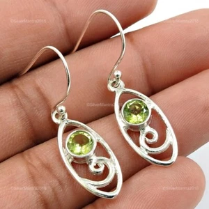 Natural Peridot Dangling Vintage August Birth Bezel Earrings 925 Sterling Silver - Picture 1 of 8