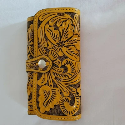 Hand tooled leather wallet Mustard yellow 7 1/2"x 4" BOHO Chic Mexican Artisan - Image 1 of 4