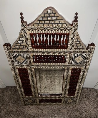 Винтажный мавританский марокканский абалона кости перламутра над дерево зеркало 28,75 «Lx17» W - Изображение 1 из 4