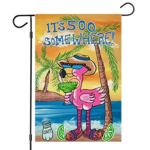 Summer Garden Flags 12x18 Inch Double Sided, Cartoon Flamingo Its 5 O'Clock S... - Picture 1 of 9