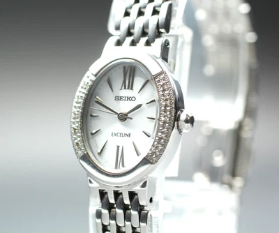 Rare [N MINT] SEIKO V117-0AV0 Silver Women's Roman Solar Qz 10P Diamond Watch JP - image 1 of 4