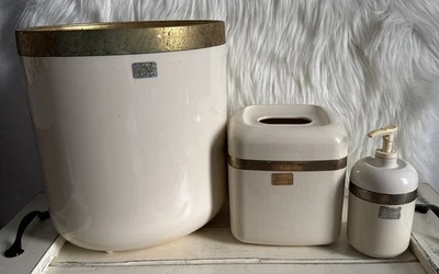 Vtg MCM three-piece bathroom set 22 karat gold plated patina trashcan, Kleenex s - Image 1 of 4