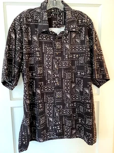Vintage Pierre Cardin Hawaiian Shirt Brown Tapa Cloth Print Adult Mens Size XL - Picture 1 of 17