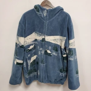 Vintage St Johns Bay Mens Winter Village AOP Fleece Jacket Size M Blue Layers - Picture 1 of 11