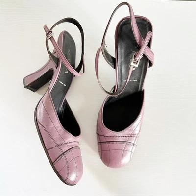 Prada Vintage Cuero Púrpura Pastel Correa Tobillo Bloque Tacones EU 40 Puntada Detalle Foto 1 de 4