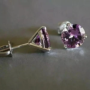 2Ct Round Cut Amethyst Solitaire Screw Back Stud Earrings 14K White Gold Plated - Picture 1 of 3