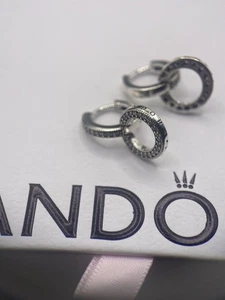PANDORA SILVER SPARKLING DOUBLE HOOP EARRING S925 ALE - Picture 1 of 2