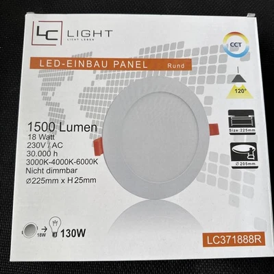 LC flach LED CCT Einbau-panel 230V 18W 3000K-4000K-6000K 1500lm Höhe 25mm Ø225mm - Bild 1 von 4