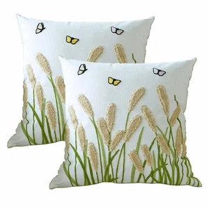 Embroidered Pillow Covers 18x18 Inch Set of 2, Beige Floral Throw Pillow Covers - Picture 1 of 9