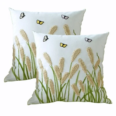 Embroidered Pillow Covers 18x18 Inch Set of 2, Beige Floral Throw Pillow Covers - Image 1 of 4