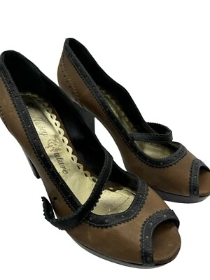 Tacones Juicy Couture de cuero marrón peep toe bloque para mujer talla 10M dos tonos 87133 Foto 1 de 4