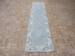 2'7 X 10'2 Runner Hand Knotted Sky Blue Fine Turkish Oushak Oriental Rug G7006 - Picture 1 of 11