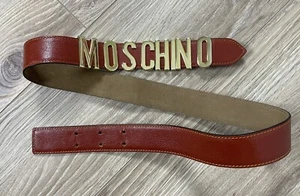 AUTH MOSCHINO Redwall 401020 women leather belt Rare Gold Logo Monogram Brown - Picture 1 of 7