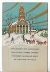 Used Vtg CHRISTMAS CARD-approx 4x6" ART DECO Blue Sky Gold Church People Sleighs