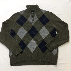 J CREW Sweater Mens XL Olive Green Argyle Lambs Wool 1/4 Zip Mock Neck Pullover - Picture 1 of 18