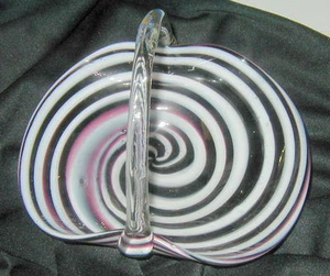 VINTAGE SPIRAL SWIRL ART GLASS BASKET, PURPLE & WHITE, PONTIL MARK, CASED - Picture 1 of 5