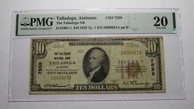 $10 1929 Talladega Alabama AL National Currency Bank Note Bill Ch #7558 VF20 PMG - Image 1 of 4