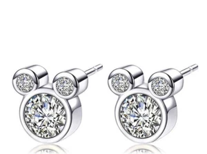 925  Mouse Design Shiny Cubic Zirconia Silver Stud Earrings Adorable + Gift Box - Picture 1 of 6