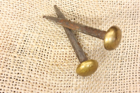 2 Old Picture Nails Victorian Large BRASS Head Painting Hanger vintage 1800’s Cover